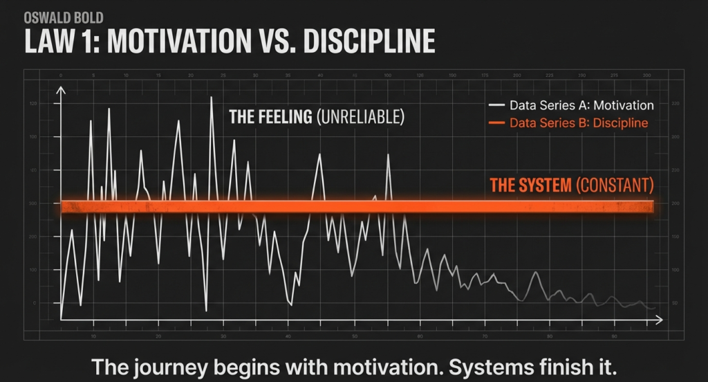Graph comparing inconsistent motivation spikes versus a steady horizontal line representing discipline and systems. Discipline vs motivation in fitness, 10 fitness reality checks, The truth about sustainable fitness.