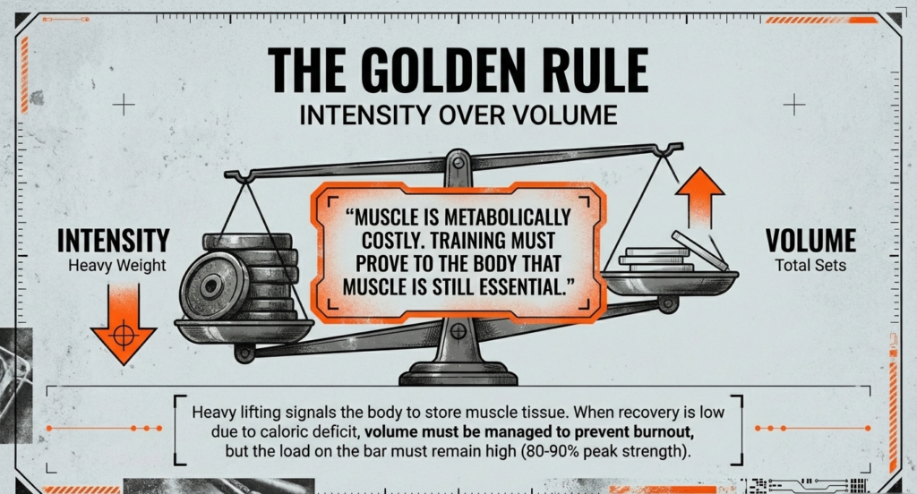 Graphic of a balance scale comparing intensity and volume, emphasizing heavy weight training over excessive sets during a calorie deficit.