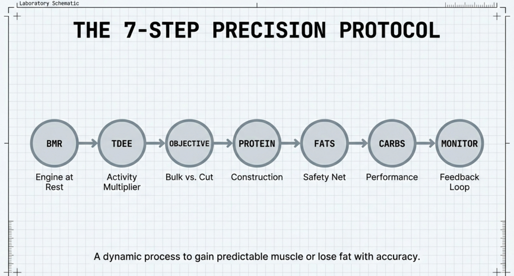 Flowchart displaying seven steps: BMR, TDEE, objective selection, protein, fats, carbs, and monitoring feedback loop.