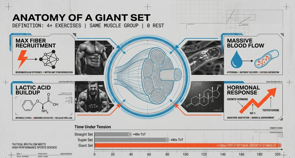 Infographic showing muscle fiber recruitment, lactic acid buildup, blood flow, hormonal response, and time under tension comparison between straight sets and giant sets.