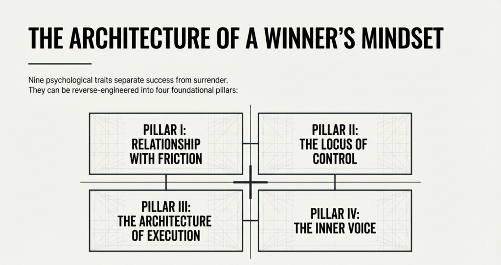 Infographic outlining four pillars of a winner’s mindset: relationship with friction, locus of control, architecture of execution, and inner voice.