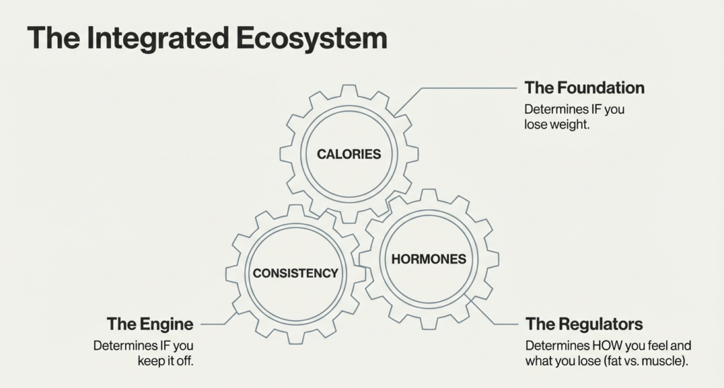 Diagram showing calories as the foundation, hormones as regulators, and consistency as the engine of fat loss.