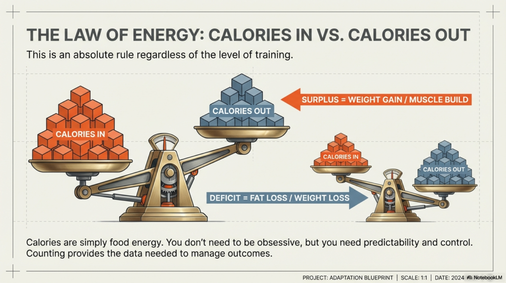 Illustration explaining calorie surplus for muscle gain and calorie deficit for fat loss using balance scales.