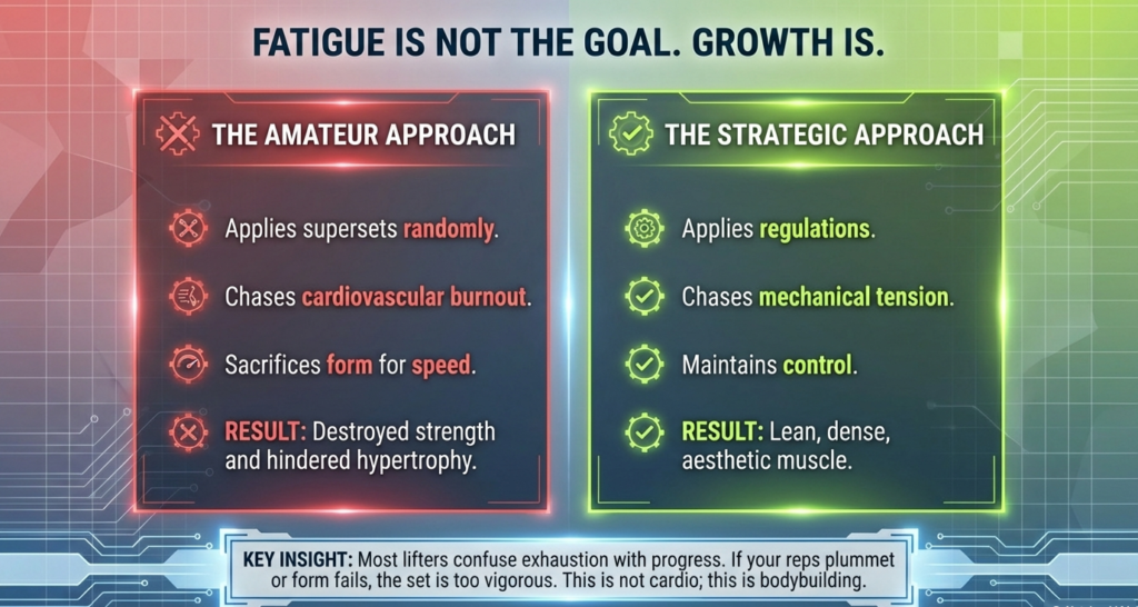Comparison chart showing amateur superset training versus strategic superset training focused on mechanical tension and control.