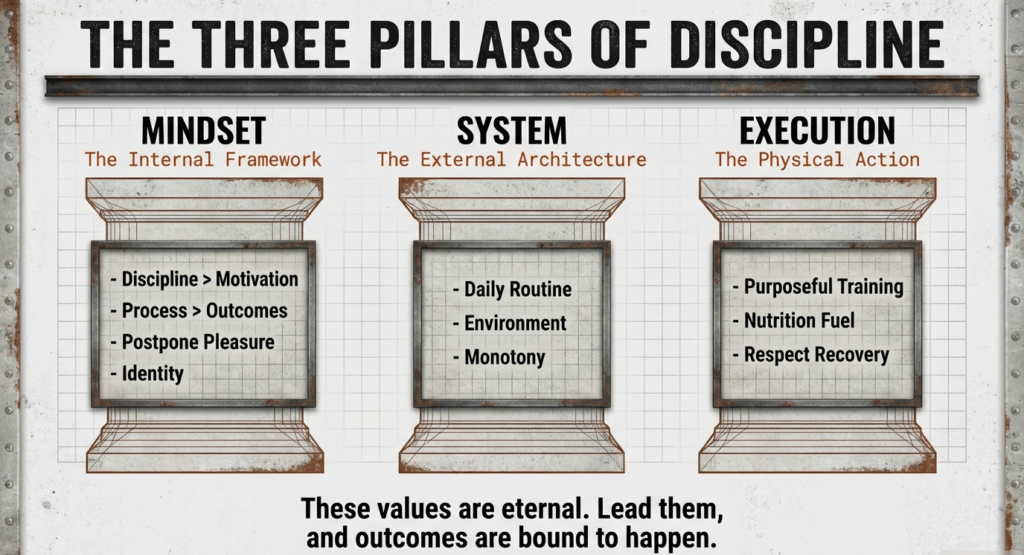Illustration showing the three pillars of discipline—mindset, system, and execution—as foundations of sustainable fitness.