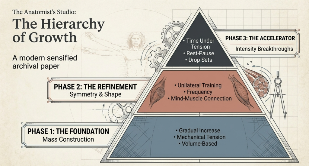 Pyramid diagram showing hypertrophy phases including foundation mass, refinement for symmetry, and intensity-based acceleration methods.