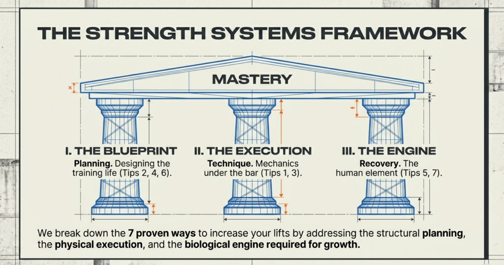 Diagram showing the strength systems framework with three pillars—planning, execution, and recovery—supporting long-term strength mastery.