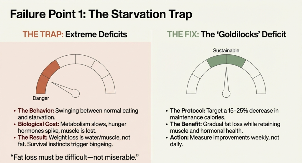 Infographic explaining how extreme calorie deficits slow metabolism, increase hunger, and lead to muscle loss.