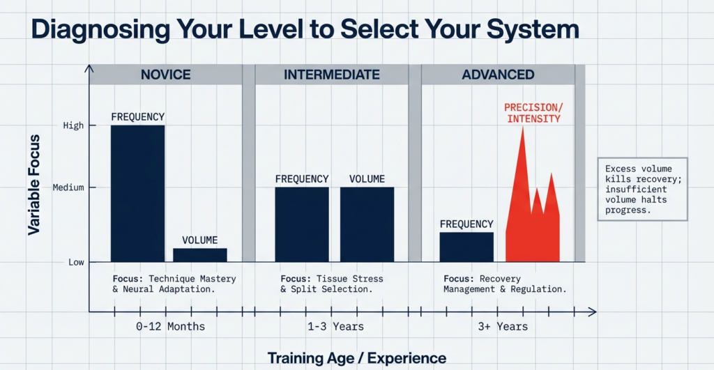 Chart diagnosing novice, intermediate, and advanced lifters based on training age, frequency, volume, intensity, and recovery focus to select the right bodybuilding split.