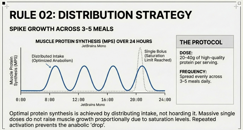 Graph showing muscle protein synthesis spikes across 24 hours when protein is evenly distributed in 3–5 meals compared to a single large dose.