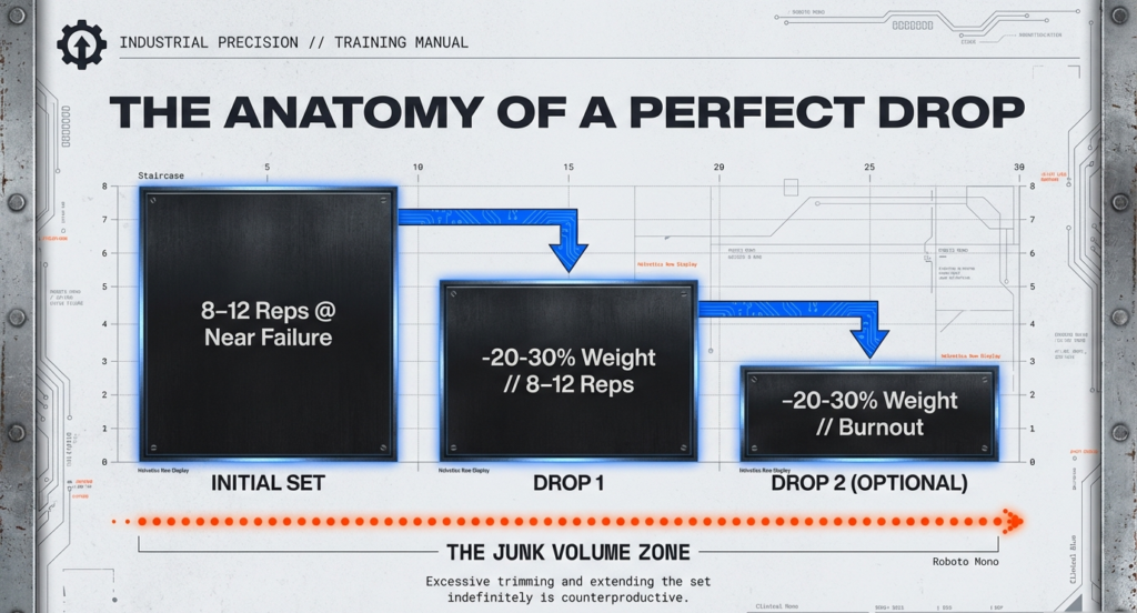 Step-by-step drop set structure showing 8–12 reps to near failure followed by 20–30 percent weight reductions and optional second drop.