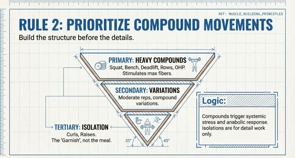 Training pyramid infographic highlighting heavy compound lifts first, followed by variations and isolation exercises.