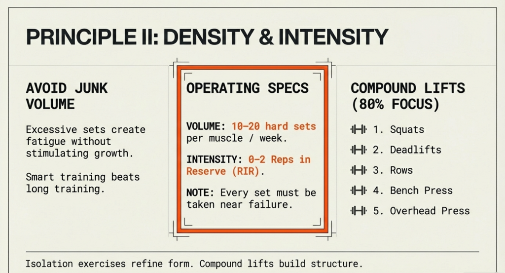 Training guideline graphic showing 10–20 hard sets per muscle per week, 0–2 reps in reserve, and focus on compound lifts like squats and bench press.