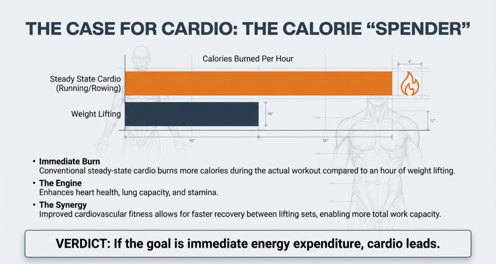 Bar graph comparing calories burned per hour between steady-state cardio and weight lifting, showing cardio burns more during exercise.