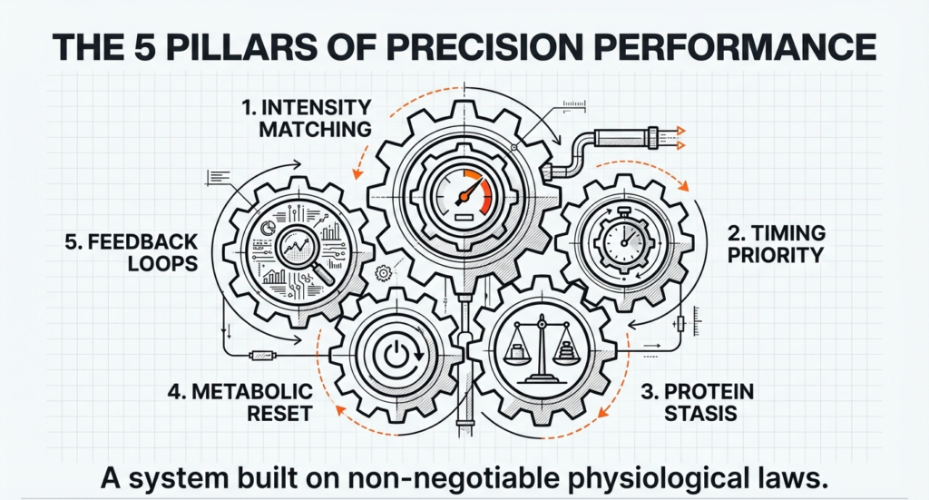 Infographic showing five pillars of carb cycling: intensity matching, timing priority, protein stability, metabolic reset, and feedback loops.