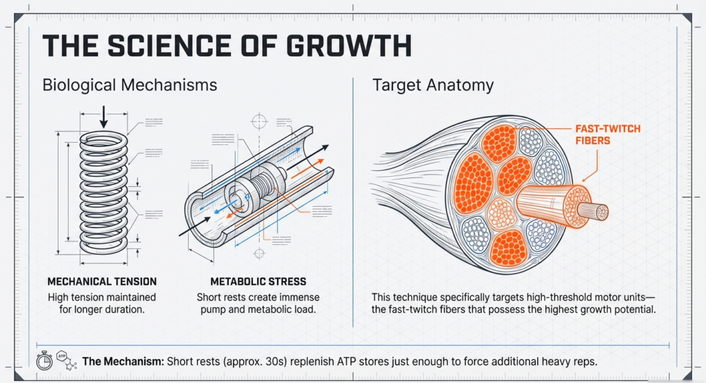 Illustration explaining mechanical tension, metabolic stress, and fast-twitch muscle fiber recruitment in rest-pause training.