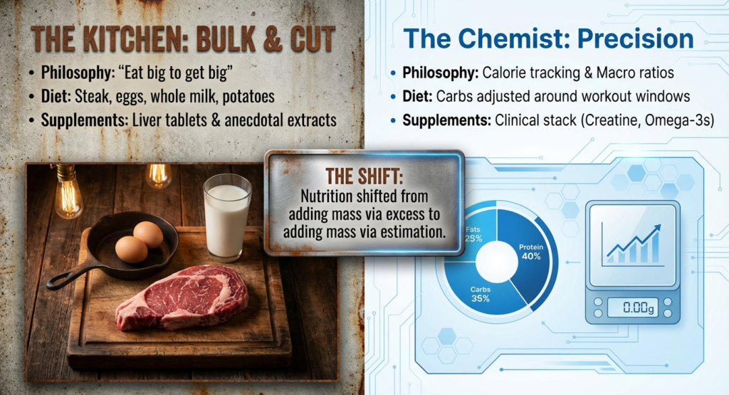 Visual comparison of old school bodybuilding diet with steak, eggs, and milk versus modern macro tracking and scientific supplementation.