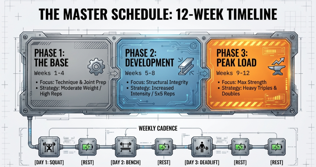 Infographic showing a 12-week powerlifting timeline divided into three phases with weekly squat, bench press, and deadlift scheduling.