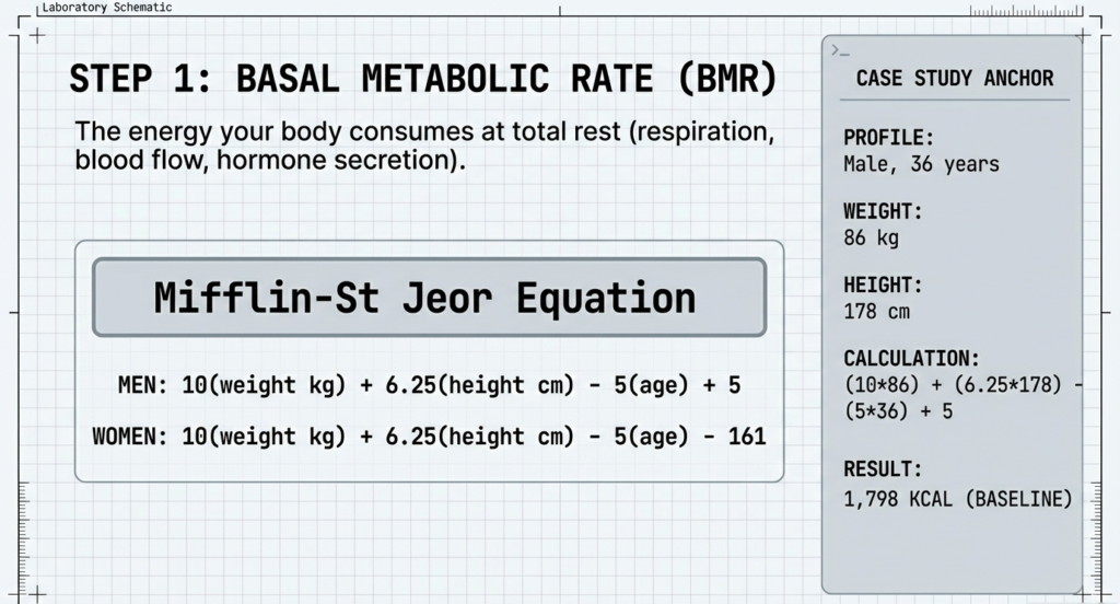 Infographic explaining the Mifflin-St Jeor equation with a case study example of a 36-year-old male calculating a 1,798 kcal baseline.