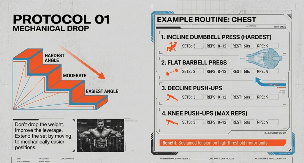 Infographic explaining mechanical drop giant sets with incline press, flat press, decline push-ups, and knee push-ups example routine.