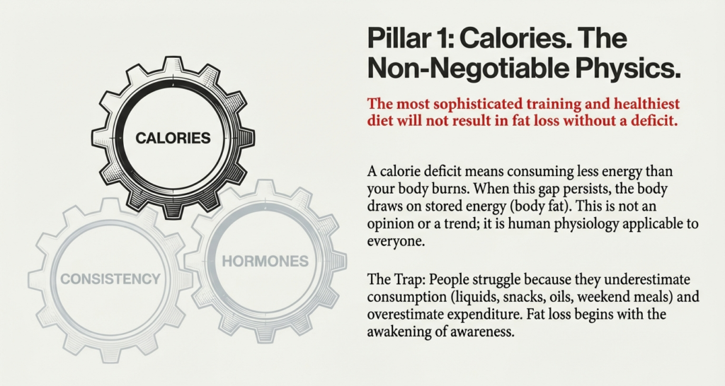 Gear illustration emphasizing calorie deficit as the primary driver of fat loss regardless of diet style.