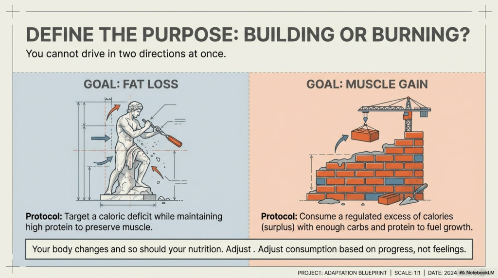 Split illustration comparing calorie deficit for fat loss and calorie surplus for muscle building goals.