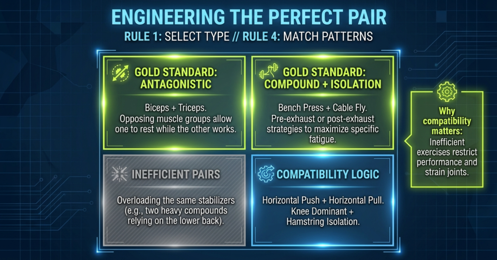 Infographic explaining antagonistic and compound-to-isolation superset pairings and why exercise compatibility matters.