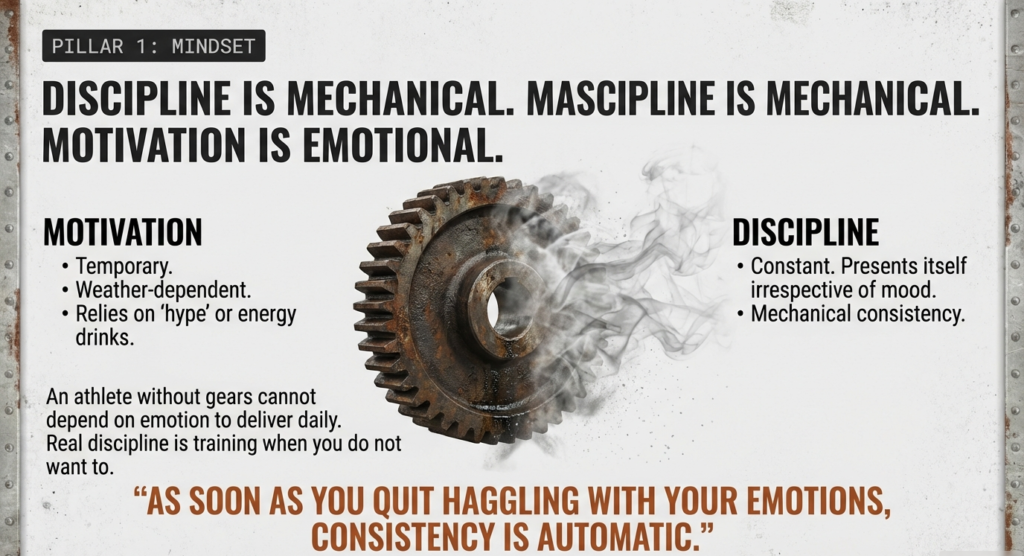 Gear illustration explaining how discipline is constant and mechanical while motivation is emotional and temporary.
