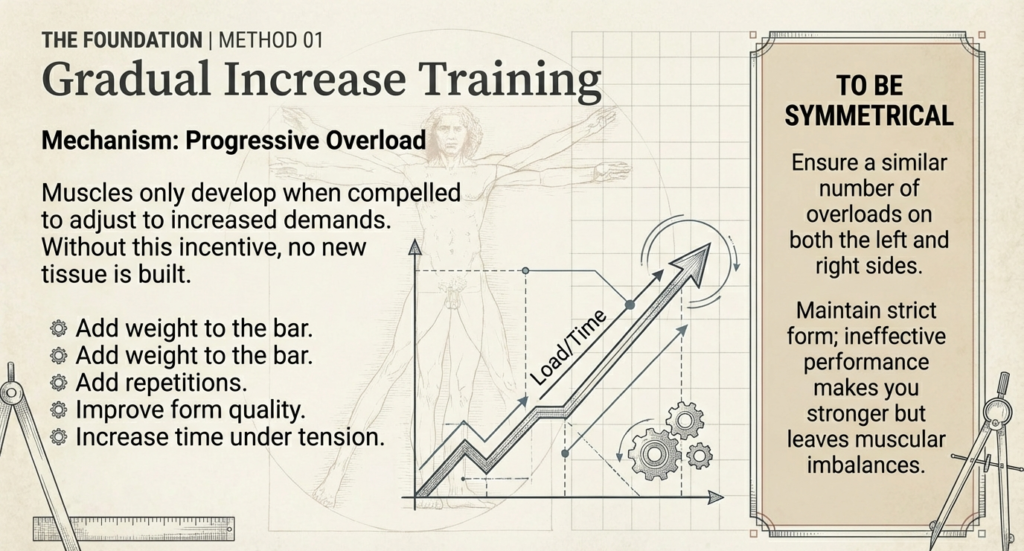 Infographic explaining progressive overload through gradual increases in load, reps, time under tension, and form quality.