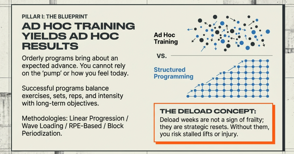 Visual comparison of random ad hoc training versus structured programming for long-term strength progression.