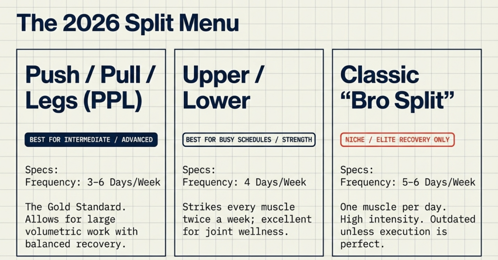 Overview of the 2026 training split options including Push Pull Legs, Upper Lower split, and Classic Bro Split with frequency and recovery recommendations.