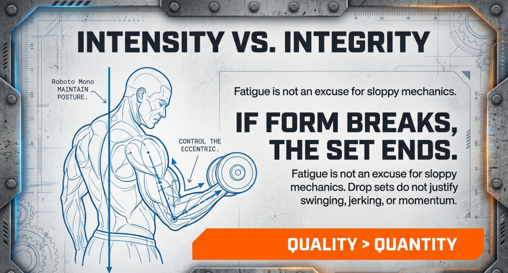 Illustration emphasizing strict form during drop sets with message if form breaks the set ends and quality over quantity.