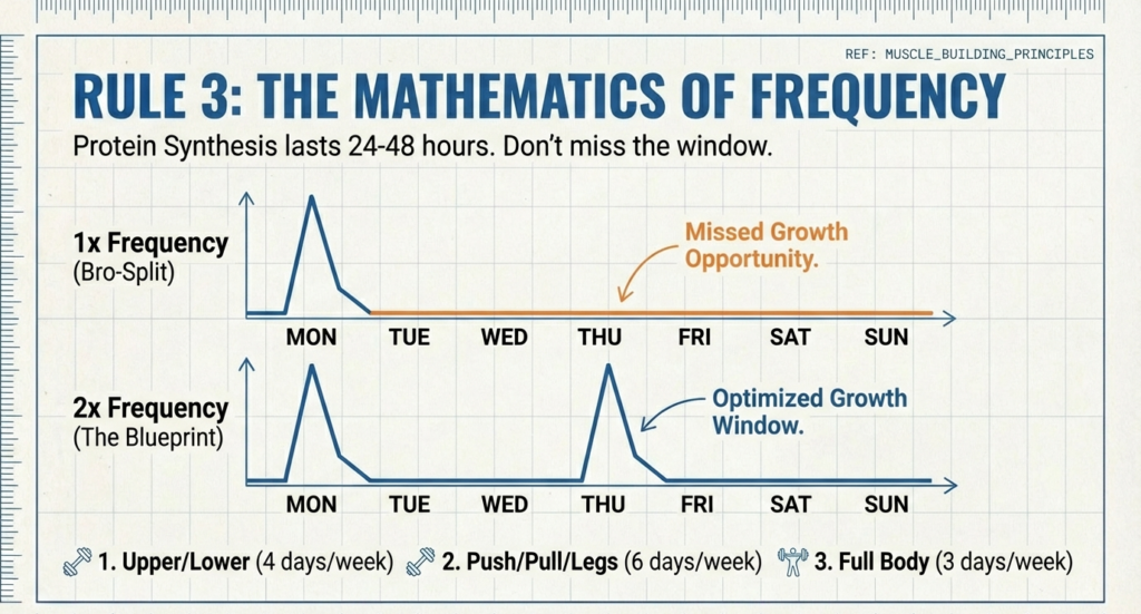 Graph comparing one muscle training session per week versus twice per week for improved muscle protein synthesis and growth.