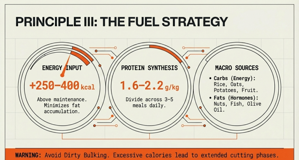 Nutrition infographic showing 250–400 calorie surplus, 1.6–2.2g protein per kg bodyweight, and macro sources like rice, oats, fish, and nuts.