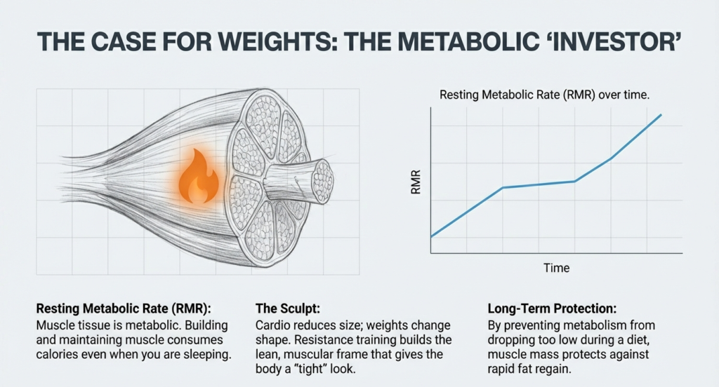 Illustration of muscle fiber and graph of resting metabolic rate over time showing how weight training increases metabolism.