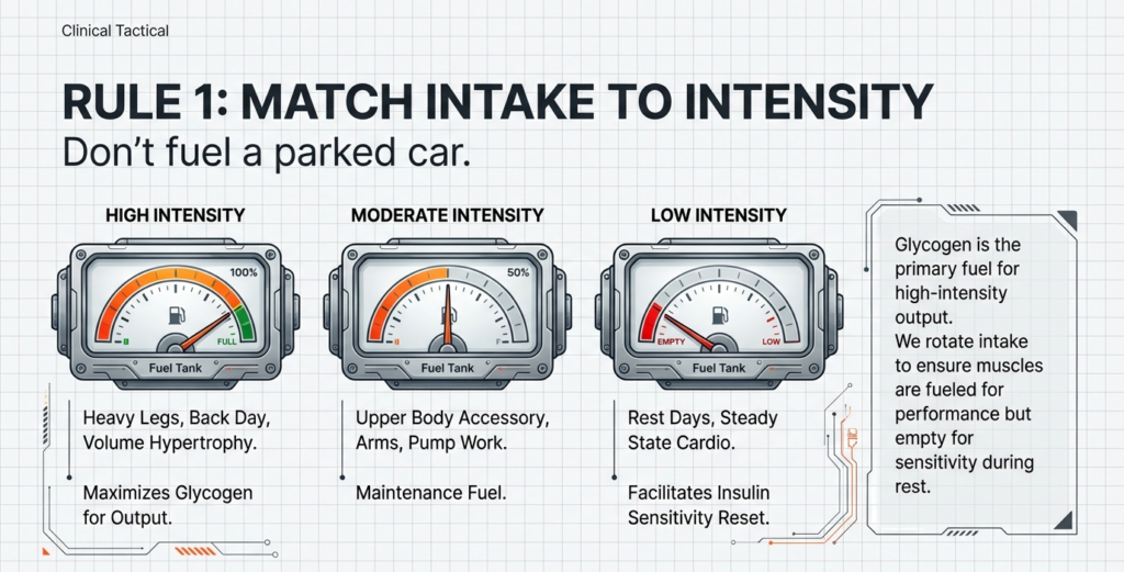Fuel gauge illustration showing high, moderate, and low intensity training days matched with corresponding carb intake levels.