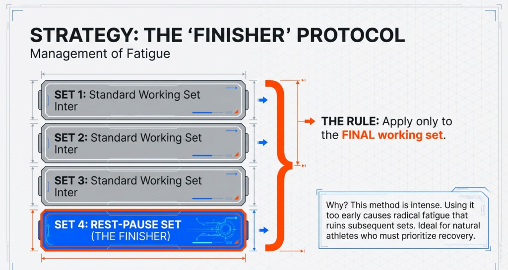 Training diagram showing rest-pause applied only to the final working set after three standard sets to manage fatigue effectively.