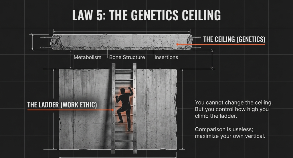 Illustration showing a person climbing a ladder toward a concrete ceiling labeled genetics, highlighting metabolism, bone structure, and insertions.