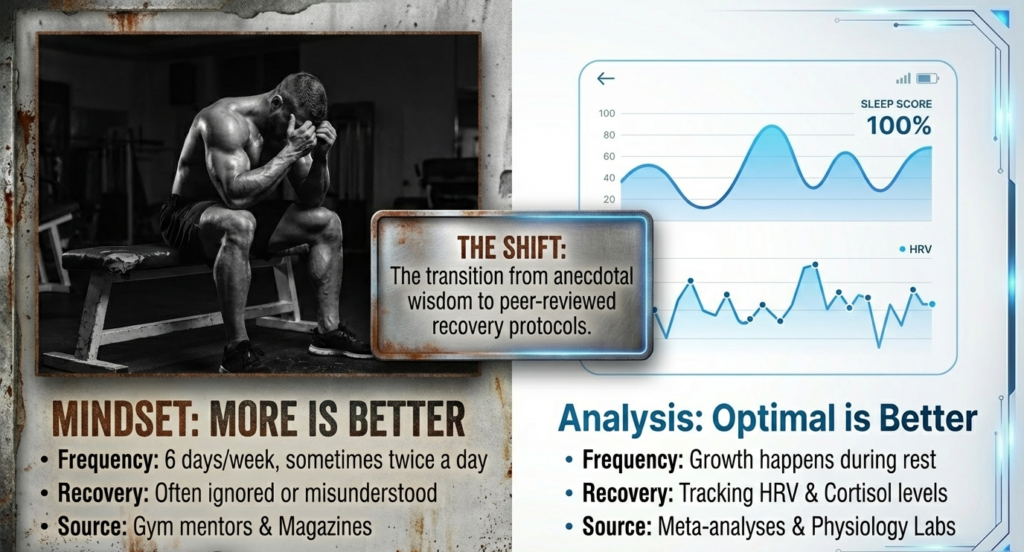 Side-by-side comparison of old school high-frequency training mindset and modern recovery tracking using sleep scores and HRV data.