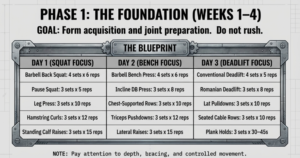 Phase 1 powerlifting workout table focusing on squat, bench press, and deadlift technique during weeks 1 to 4.