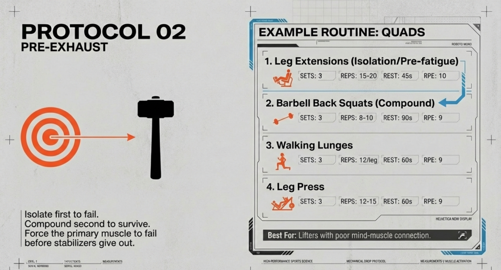 Workout infographic showing leg extensions followed by back squats, lunges, and leg press in a pre-exhaust giant set format.