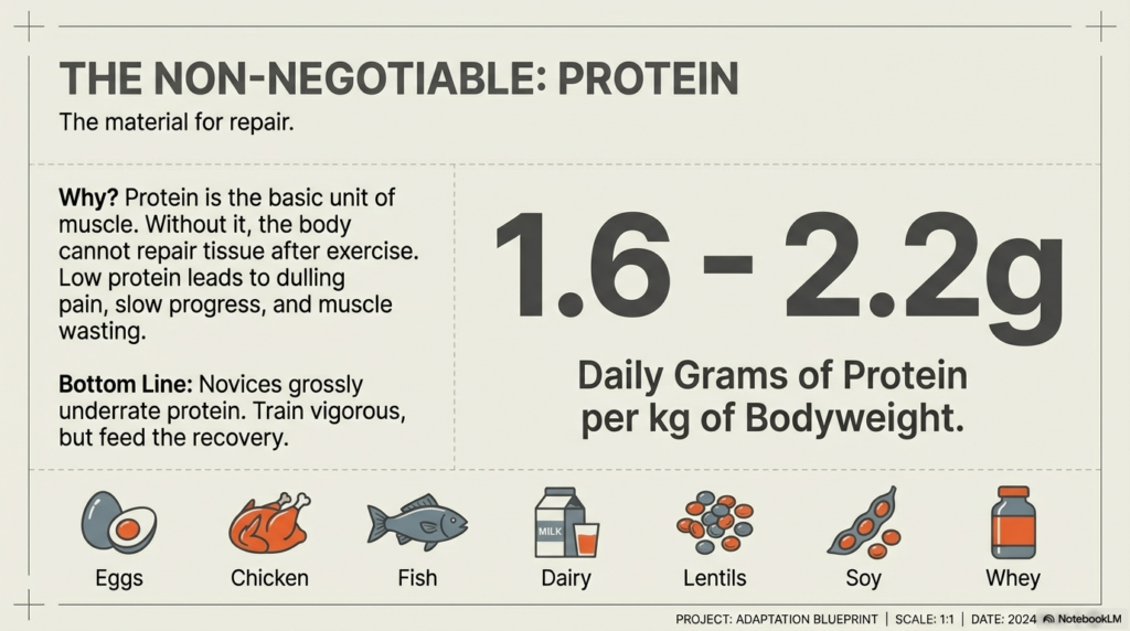 Graphic showing recommended protein intake of 1.6 to 2.2 grams per kg bodyweight with food sources.