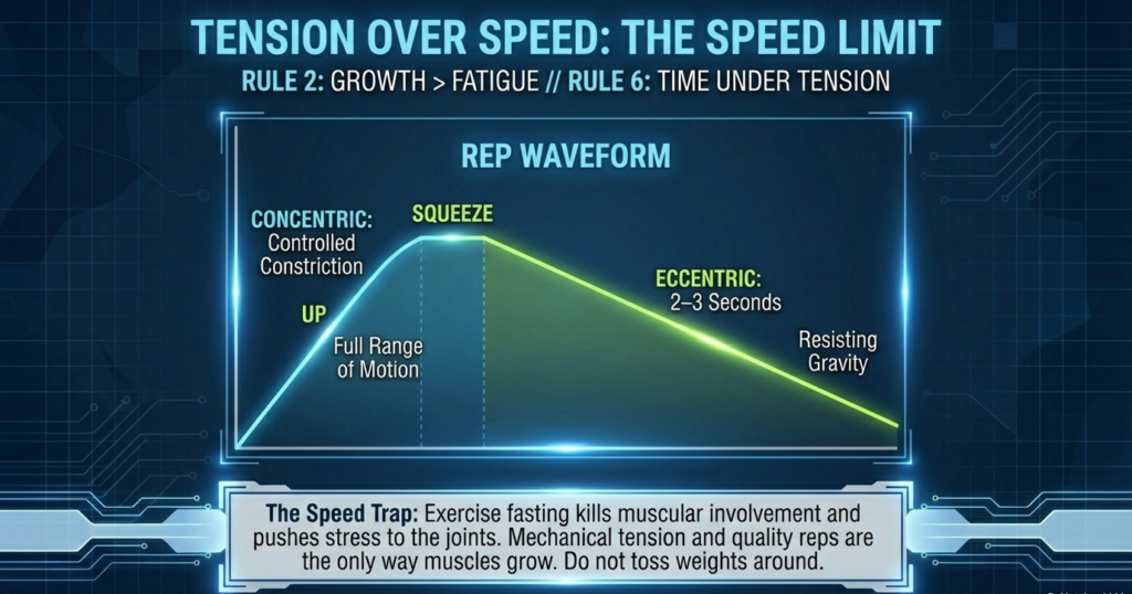 Graph showing proper concentric and eccentric tempo to maximize time under tension during hypertrophy supersets.