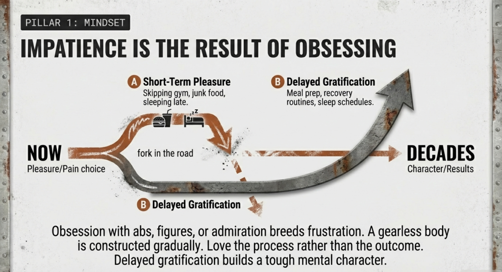 Diagram showing the choice between short-term pleasure and delayed gratification leading to long-term results over decades.