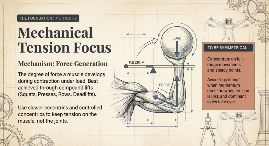 Illustration demonstrating mechanical tension using compound lifts, controlled eccentrics, and proper force application.