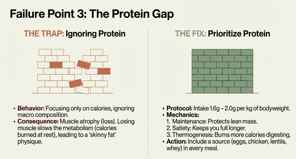 Diagram showing muscle loss from low protein intake versus muscle preservation with adequate protein consumption.