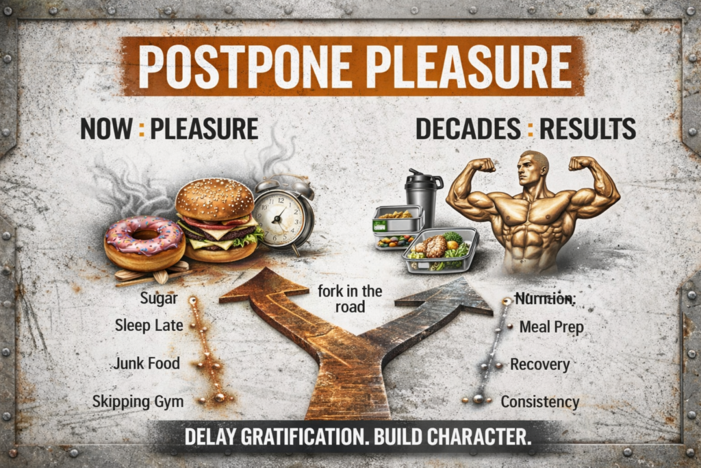 Illustration showing postponed pleasure versus instant gratification, comparing junk food and skipped workouts with disciplined nutrition, consistency, and long-term physique results.