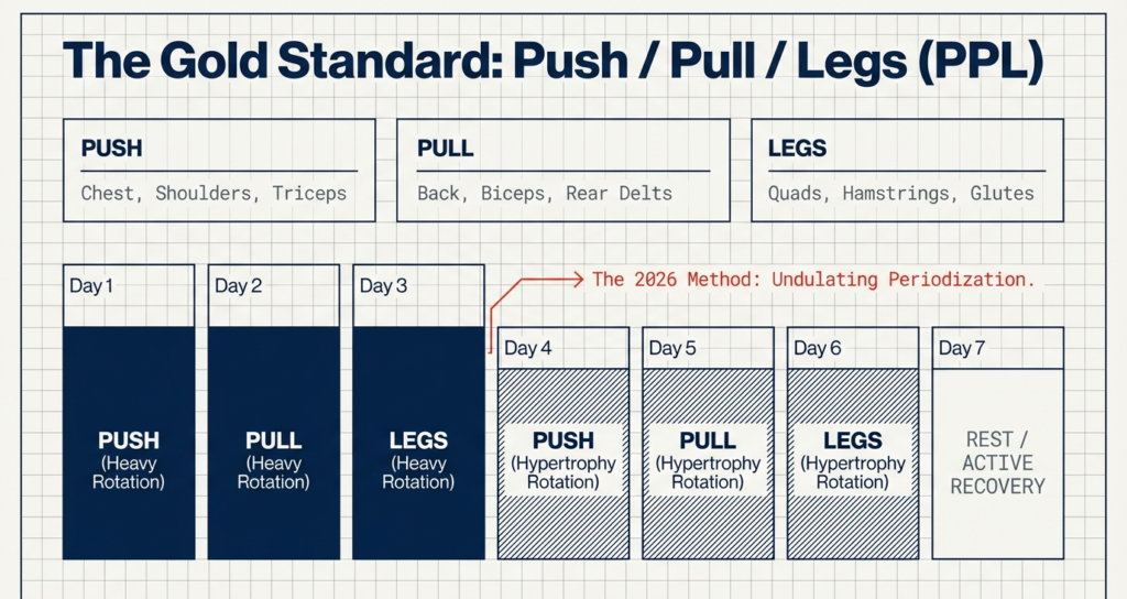 Diagram of the Push Pull Legs training split showing muscle group division, heavy and hypertrophy rotations, and a six-day weekly training structure.