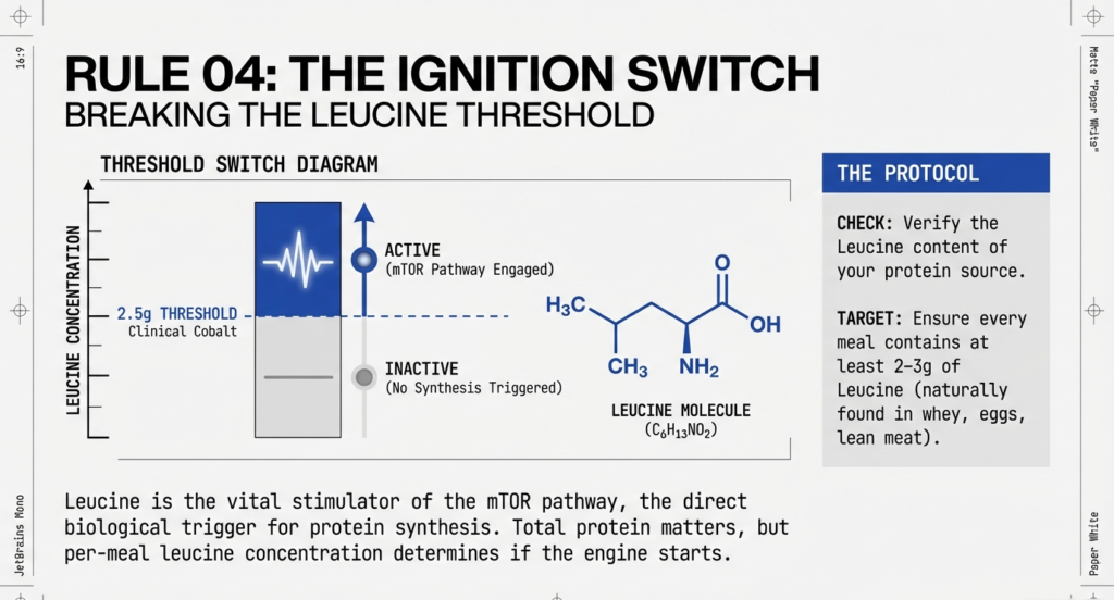 Diagram showing leucine threshold at approximately 2.5–3g required to activate the mTOR pathway and trigger muscle protein synthesis.