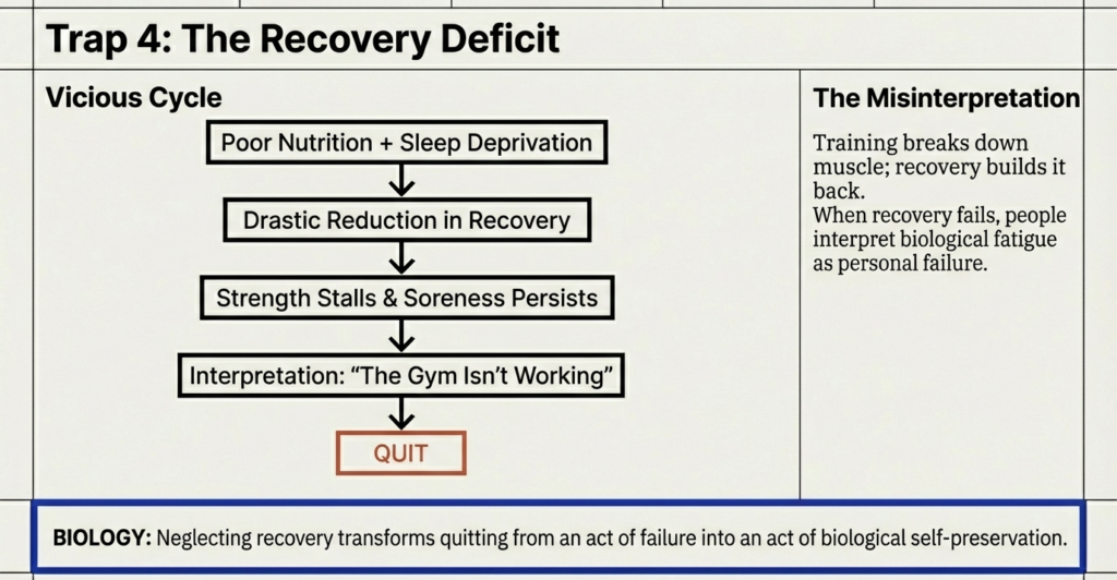 Flowchart showing how poor sleep and nutrition reduce recovery, cause strength stalls, and lead people to believe the gym is not working.